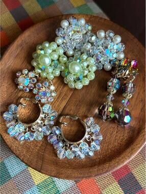 Vintage Aurora Borealis Clip-On Earring Lot Rhinestone Pearl